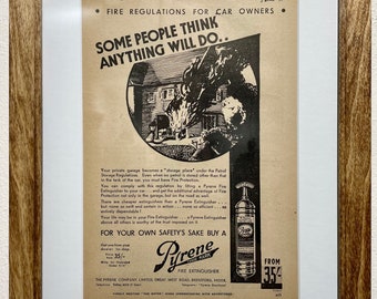 1931 Pyrene Advertisement, Handmade Wooden Frame, “The Motor” Antique Magazine, Vintage Wall Art, Home Decoration