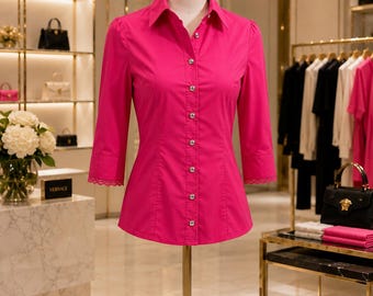 Versace Jeans Couture Fuchsia Stretch Cotton Shirt – Medusa Button Detail – Size M