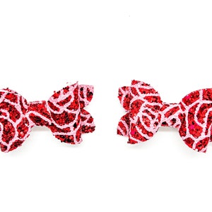 Valentine’s Day Pigtail Set ~ Valentine’s Day Rose Print Pigtail Set ~ Girl’s Glitter Pigtail Hair Bow Set ~ Girl’s Red Piggys ~