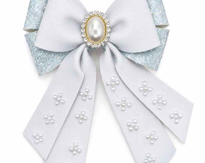 Featured listing image: Pearl Hair Bow | Faux Leather Bow | Baby Headband | White Bow | Glitter Hair Bow | Flower Girl Bow | Girls Hair Accessory