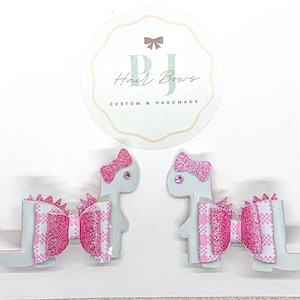 Dinosaur Pigtail Set ~ Dinosaur Piggies ~ Pastel Green and Pink Plaid Dinosaur Hair Bow Set ~ Dinosaur Piggy Hair Clips