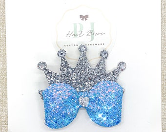 Princess Crown Hair Bow ~ Princess Nylon Headband ~ Silver & Blue Glitter Crown Hair Clip ~ Princess Headband ~ Birthday Princess Headband