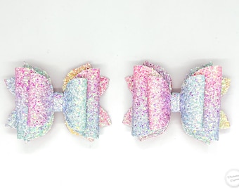 Rainbow Glitter Pigtail Set, Rainbow Piggies, Girl’s Pigtail Hair Bow Set, Girl’s Rainbow Piggy’s ~ Pigtail Hair Clips or Hair Ties