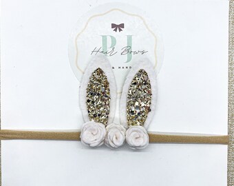 Easter Bunny Ears Felt Nylon Headband ~ White Felt and Gold Glitter Bunny Ears Baby Headbands ~ Bunny Ears Headbands ~ Girl’s Headbands