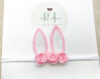 Easter Bunny Ears Felt Nylon Headband ~ Pink Felt and White Glitter Bunny Ears Baby Headbands ~ Bunny Ears Headbands ~ Girl’s Headbands