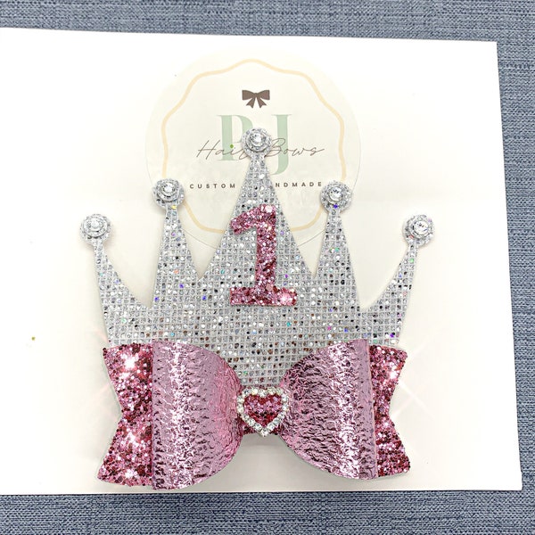 Pink Princess Hair Bow ~ Swarovski Crystal Crown Princess Hair Bow/Headband ~ First Birthday Princess Hair Bow ~ Princess Dress Up Hair Bow