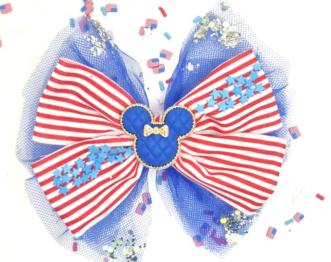 Featured listing image: 4th Of July Tulle Hair Bow ~ American Mouse Head Hair Bow ~ July 4th tulle  Hair Bow ~ Independence Day Hair Bow Clips