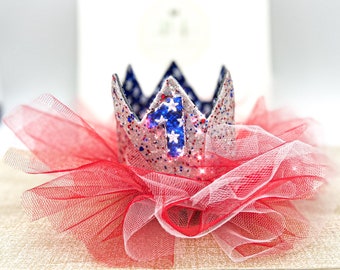 July 4th Print Birthday Crown ~ Red White and Blue Nylon Headband ~ Birthday Crown Hair Clip ~  Independence DayTulle Crown