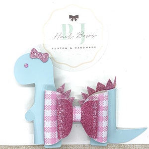 Dinosaur Hair Bow ~ Dinosaur Piggies ~ Pastel Green and Pink Plaid Dinosaur Hair Bow Set ~ Dinosaur Piggy Hair Clips