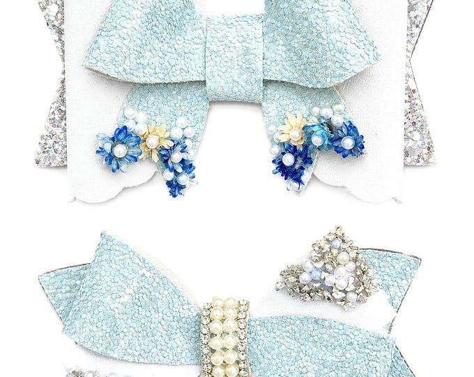 Featured listing image: Blue Floral Hair Bow | Faux Leather Bow | Baby Headband | Glitter Bow | Flower Girl Bow | Girls Hair Clip | Handmade Bow