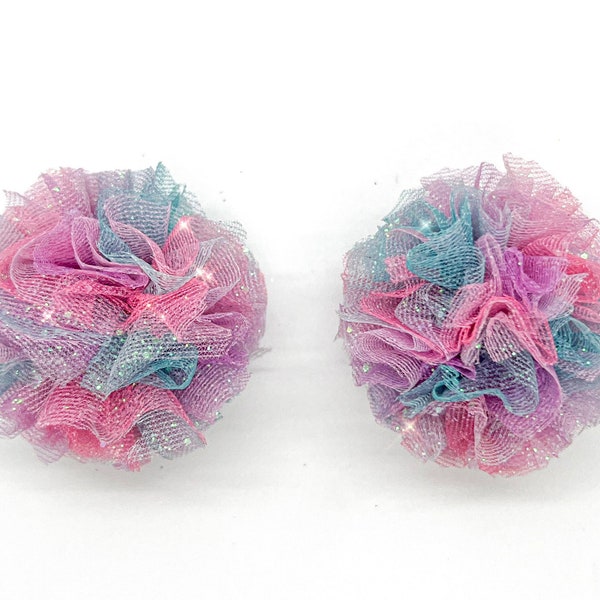 Pastel Ombre Glitter Tulle Pom Poms Pigtail Set ~ Pink Pom Pom Piggies with Swarovski Crystals  Set ~ Girl's Pom Pom Pigtail Hair Clips