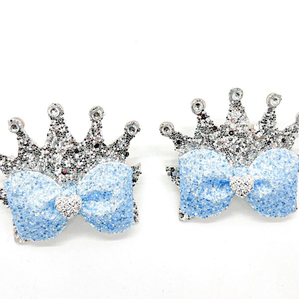 Princess Crown Hair Bow Pigtail Set ~ Princess Dress Up Crown Piggies ~ Silver & Light Blue Birthday Princess Crown Hair Pigtail Clip Set ~
