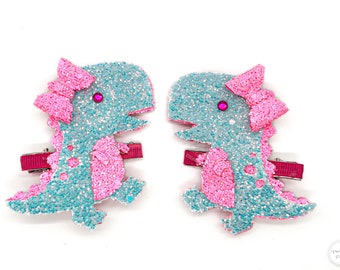 Dinosaur Pigtail Set ~ Dinosaur Piggies ~ Aqua and Hot Pink Dinosaur Hair Bow Pigtail Set~ Dinosaur Piggy Hair Clip Set