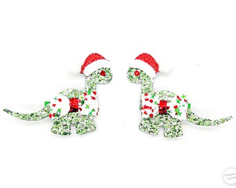 Brachiosaurus Christmas Santa Pigtail Set ~ Dinosaur Piggies ~ Festive Santa Dinosaur Hair Bow Pigtail Set ~ Christmas Pigtail Clips