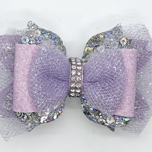 Layered Lavender and Tulle Hair Bow ~ Lavender and Silver Sequin Hair Clip ~ Dressy Lavender and Silver Hair Bow