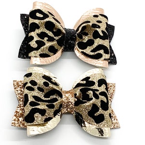 Gorgeous Cheetah Print Hair Bow - Hair Bow, Animal Print Hair Bow, Girls Hair Bow, Hair Accessories, Faux Leather Bow, Glitter Bow