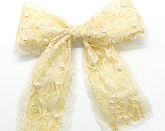 Lace and Gold Satin Hair Bow ~ Lace Nylon Headband ~ Girl’s Hair Bow ~ Toddler Headband ~ Dressy Hair Bow ~ Dressy Headband