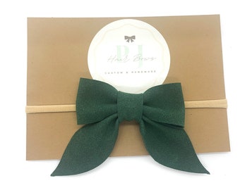 Green Velvet Nylon Headband - Baby Headband - Toddler Headbands ~ Pinched Hair Bow Clip - Christmas Headbands ~ LOW STOCK!