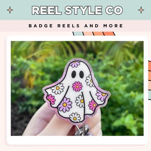 Floral Ghost, Cute Ghost w/Flowers, Halloween Badge Reel, Medical Badge Reel, Glitter Badge Reel, Acrylic Badge Reel, Spooky Season