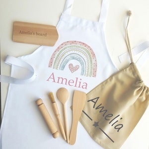 Personalised Kids Apron Baking Set: Rainbow Cooking Children's apron-Toddler Gift-Kitchen Utensils and Chef Hat, more Designs