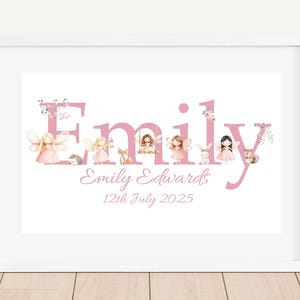 May include: A framed print with the name "Emily" in pink, adorned with fairy illustrations and floral details. The print also includes the name "Emily Edwards" and the date "12th July 2025" in a cursive font.