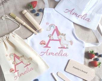 Personalised Unicorn Apron Baking Kit, Chef Hat, Kitchen Utensils -girls' birthday Christmas Gift.
