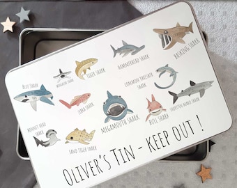 Personalised Treat's Tin -Toy Tin- Shark Gift-Tin Boxes-Storage Box-Pencil Tin-Toddler Gift