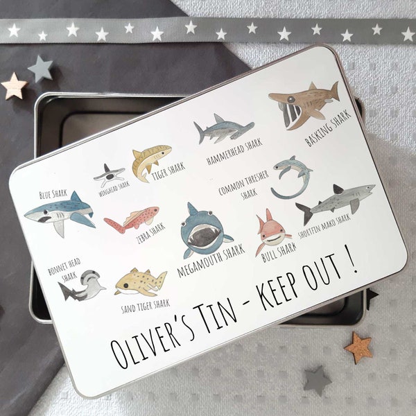 Personalised Treat's Tin -Toy Tin- Shark Gift-Tin Boxes-Storage Box-Pencil Tin-Toddler Gift