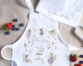 Custom Flower fairy Apron, Personalised Children's Pretend Play Baking Set, Kitchen Gift for Her, Wedding Apron, Party favor Idea.