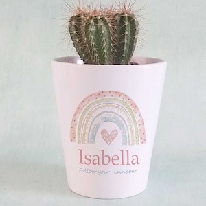 May include: White ceramic planter with a rainbow design and the text "Isabella Follow your Rainbow". A cactus plant is in the planter.