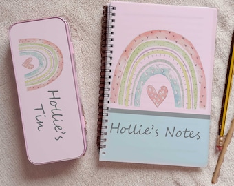 Personalized Pink Rainbow Notepad Pencil Tin Set - Birthday Gift for Girls School Writing Stationery