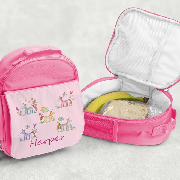 Personalised girl  Lunch Bag-Unicorn Pink Insulated School Lunch Bag. Perfect for School and Nursery. Matching bottle Bag and Pencil case