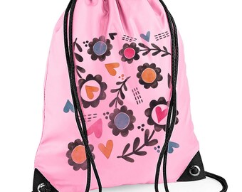 Personalised Kids Drawstring Bag: Floral School Gym Sack