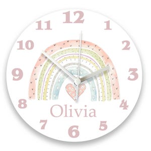 Personalised Girls Nursery Clock: raonbow pastel Silent, Non-Ticking, Custom Name