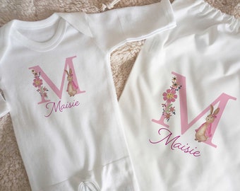 Personalised Baby Girl Gift, Baby Sleepsuit with free matching bag. flopsy Bunny Baby Shower, Baby Gift, New Baby.