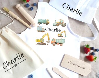 Personalised Kids Apron Baking Set: Construction Theme, Chef Hat and Utensils