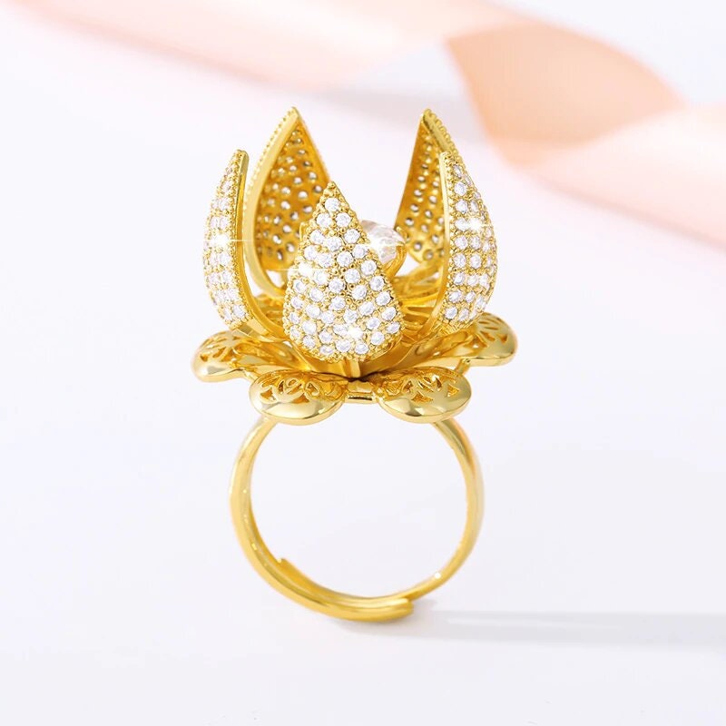 Stainless Steel Open And Close Bud Ring For Women, Adjustable Ring, Geometric Elegant Blooming Flower Ring, Vintage Jewelry, Vintage Ring
