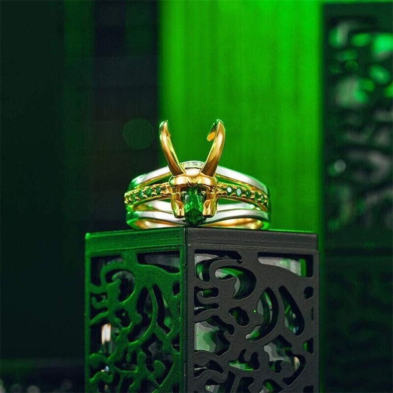 Three-In-One Loki Ring, Superhero Thor Loki Helmet Pack of 3 Stacking Ring, Unisex Ring, Birthday Gift, Handmade Jewelry, Green Stone Ring