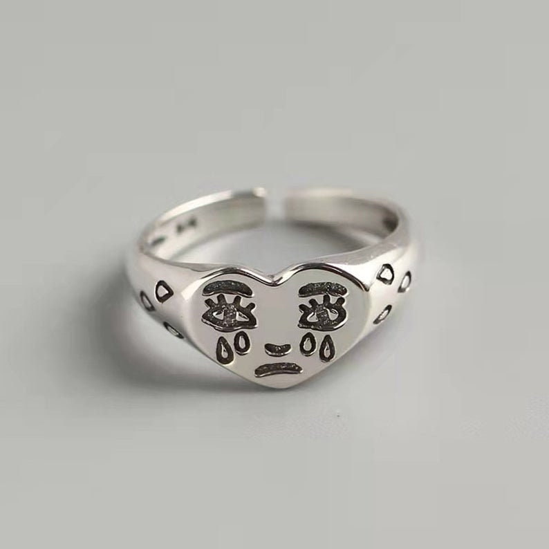 Creative Cry Face Ring for Women, New Trendy Fashion Ring, Female Resizable Ring, Sad Tears Ring, Love Heart Rings, Silver Fun Face Ring