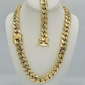 Cuban Link Necklace Chain And Bracelet Set 14K 18MM Plated, Handmade Gold Jewelry Gift For Fathers Day Anniversary Birthday Man Husband