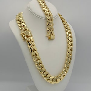 Cuban Link Necklace Chain And Bracelet Set 14K Gold 20MM Plated, Handmade Gold Jewelry Gift For Fathers Day Anniversary Birthday Man Husband
