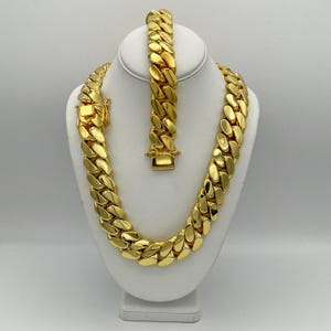 Cuban Link Necklace Chain And Bracelet Set 14K 24MM Plated, Handmade Gold Jewelry Gift For Fathers Day Anniversary Birthday Man Husband
