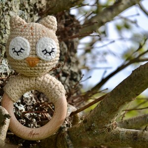 May include: A crocheted owl baby rattle with a wooden ring. The owl has white eyes with black eyelashes, a tan beak, and a beige body. The wooden ring is engraved with the word "Alpine".