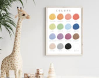 May include: A printable chart with 12 colorful circles, each labeled with a color name. The colors are yellow, orange, red, lime, green, blue, lavender, purple, brown, beige, gray, and black.