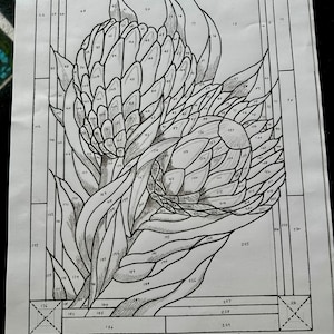 May include: Black and white line drawing of a Protea flower design, labeled with numbers for a stained glass project. The artwork is signed "Protea Flower" by Melanie Walsh, dated 19/3/5, 2024.