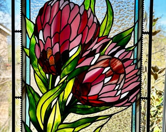 Protea Stained Glass Window Art, Original Floral Panel (19.5x14")