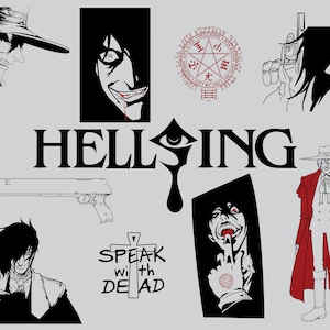 May include: A collection of black and white illustrations and graphics featuring characters and symbols from the anime series Hellsing. Includes images of characters, weapons, and the series logo, all set against a gray background.