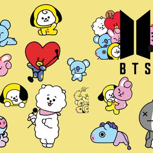 May include: A collection of colorful cartoon character illustrations on a yellow background. The characters include a koala, a heart-shaped figure, a bunny, and others, along with the text "BTS" and file type labels like "SVG" and "PNG".