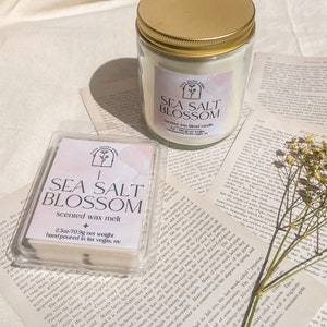 sea salt blossom container candle, floral candle scent, sea salt orchid candle, coconut soy wax, new home gift housewarming candle gift