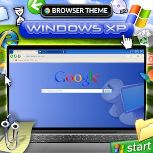Könnte beinhalten: Ein Laptop-Bildschirm, der ein Windows XP-Browser-Theme mit dem Google-Logo anzeigt. Das Bild enthält Symbole wie einen grünen Pfeil, eine DVD und das Windows XP-Logo. Die Wörter "BROWSER THEME" und "WINDOWS XP" sind sichtbar.